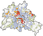 Berlin-Karte mit roten, orangen, blauen und gr&uuml;nen Bereichen