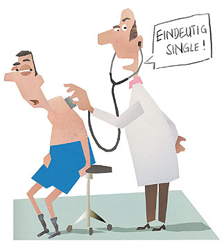 Zeichnung: Arzt hört kranken Patienten mit dem Stethoskop ab und sagt 'eindeutig Single'