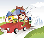 Illustration: Ein Paar f&auml;hrt mit einem vollgepackten Anto in Urlaub