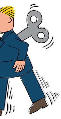 Grafik: Eine aus dem Bild gehende Person mit einem Aufziehschlüssel im Rücken