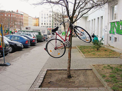 Ein Fahrrad hängt ein Meter über dem Boden angeschlossen an einem Straßenbaum