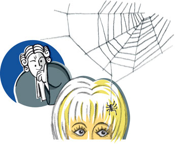 Grafik: Eine Spinne seilt sich auf einen Frauenkopf ab