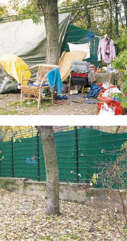 Vorher und nachher: Zeltplane mit der Habe eines Wohnungslosen an einem Parkzaun