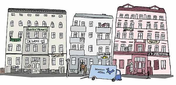 Zeichnung: Wohnhäuser mit umgenutzten Wohnungen