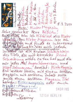 Postkarte mit Leserbrieftext