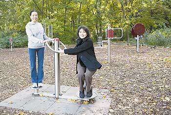 Sportgerät auf dem Fitnessspielplatz für Ältere im Preußenpark in Berlin