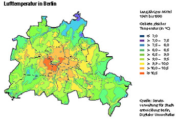 Kartographie von Berlin mit Tabelle über die Lufttemperatur