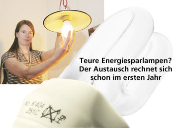 Fotomontage: Energiesparlampe vor einer Frau, die eine solche in eine Lampe einsetzt