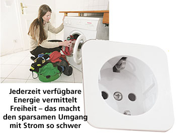 Fotomontage: Steckdose vor einer Frau, die eine Waschmaschine befüllt