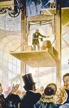 Zeichnung: Aufzugerfinder Elisha Graves Otis führte 1853 erstmals seinen Aufzug öffentlich vor