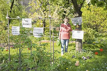 Pächterin Hannelore Schmidt zwischen Protestplakaten in ihrem Garten
