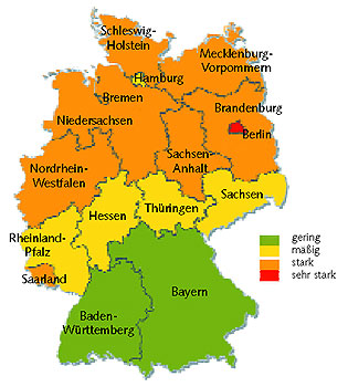 Karte von Deutschland mit farbig gekennzeichneten Gebieten der Überschuldung