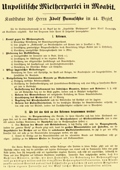Plakat 'Unpolitische Mietherpartei in Moabit' von 1901