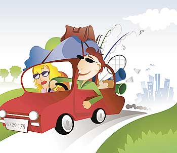 Illustration: Ein Paar fährt mit einem vollgepackten Anto in Urlaub