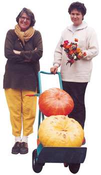 Marktverkäuferinnen mit 2 großen Kürbissen auf einer Sackkarre