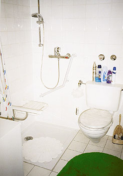 Behinderten-/ altersgerechtes Badezimmer (hier: Duschtasse mit Haltegriffen und Sitzmöglichkeit)