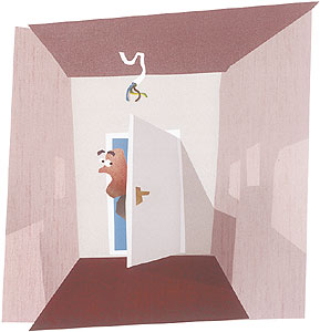 Grafik: Person betritt leeren Raum durch die halboffene Tür