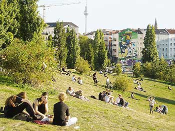 Mauerparkbesucher sitzen bei sonnigem Wetter auf einer Wiese mit Ausblick bis zum Fernsehturm