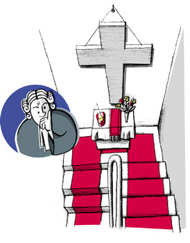 Grafik: Großes Kruzifix und kleiner Altar im Treppenhaus