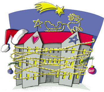 Grafik: Mit allerlei Weihnachtsschmuck verziertes Haus