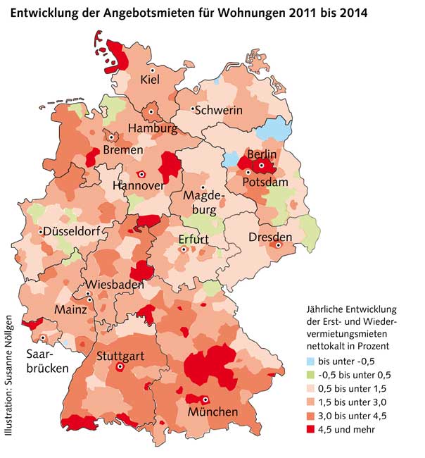 Grafik zur Entwicklung der Angebotsmieten in Deutschland