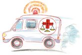 Illustration: eiliger Krankenwagen mit Justiz-Waage-Symbol