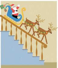 Illustration: Weihnachtsmann und Rentiere im Treppenhaus