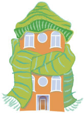 Illustration: Haus mit Schal und Mütze