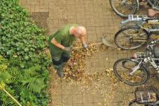 Mann beim Laub harken