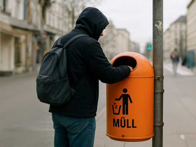 Eine Person holt etwas aus einem Mülleimer an einem Laternenpfahl..