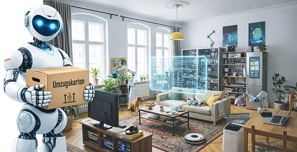 Bild eines Wohnzimmers mit digitalen Helfern, unter Zuhilfenahme von KI entstanden Bild eines Wohnzimmers mit digitalen Helfern, unter Zuhilfenahme von KI entstanden